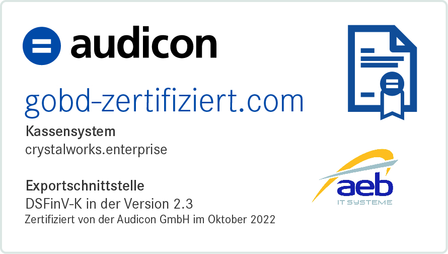 Zertifikat audicon crystalworks. DSFinV-K
